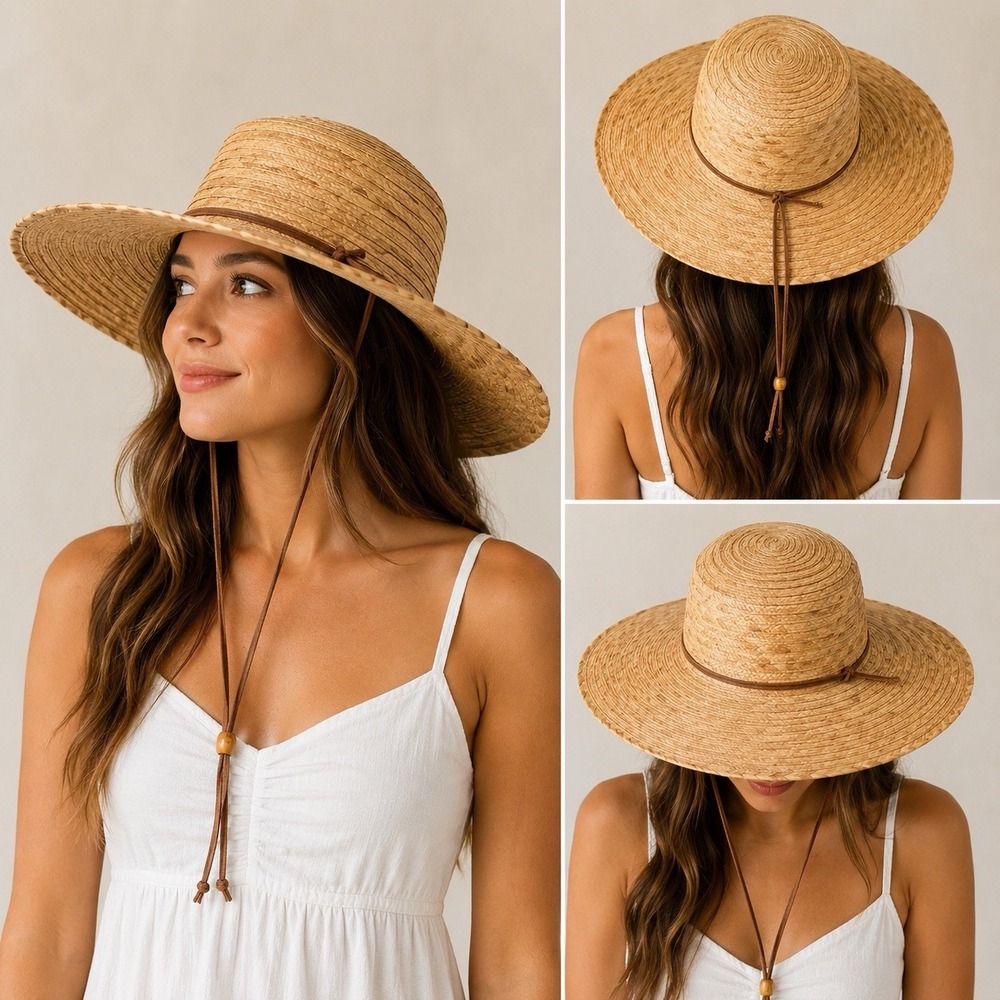 J Tola Austin Texas Wide Brim Straw Sun Hat Chin Cord Made in Mexico Western
